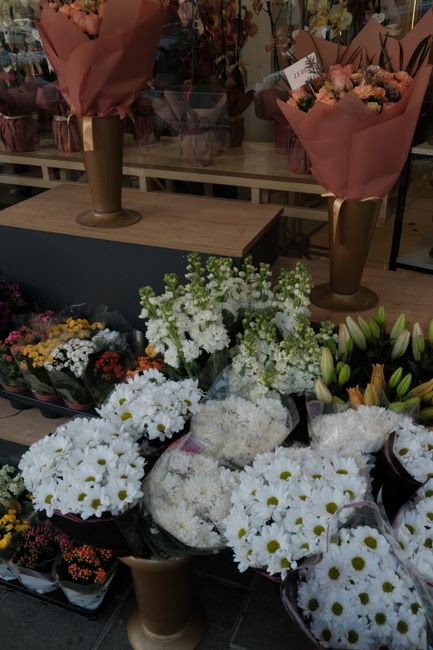 A display of fresh floral arrangements featuring white daisies, baby's breath, and lilies, surrounded by smaller potted flowers with vibrant colors, arranged on a wooden table with gold-colored vases 