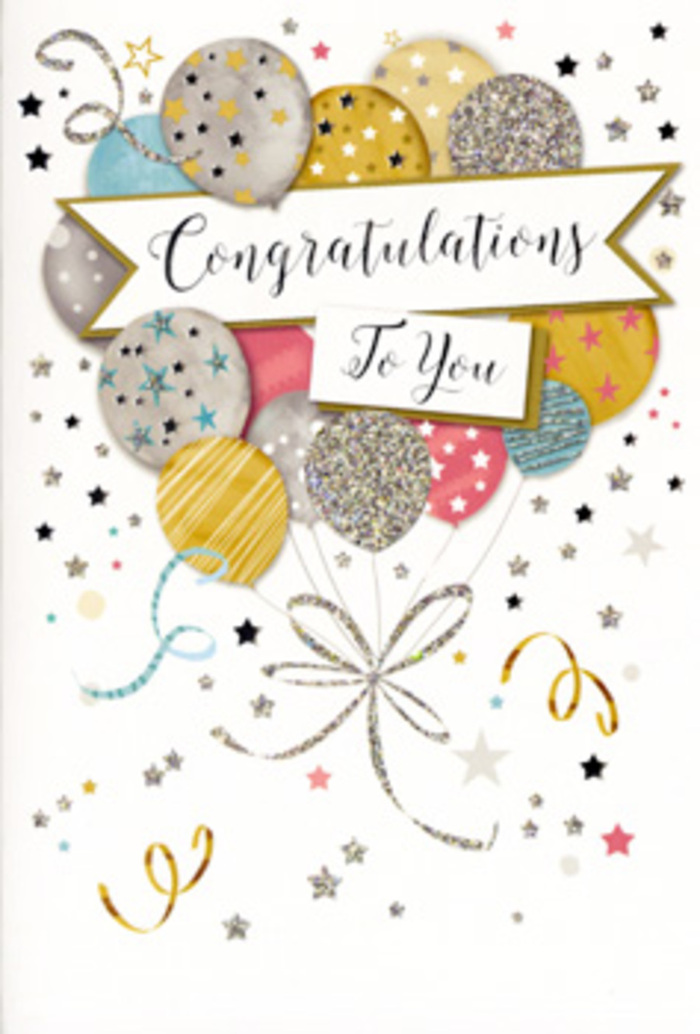 The congratulations card in this image is a gentle, sparkling celebration in paper form, reminiscent of the cheerful atmosphere you find in Raynes Park after good news is shared. The artwork centres on an airy arrangement of balloons that rise together like a bouquet, each one drawn in soft, rounded shapes and painted in a palette of metallic gold, shining silver, warm champagne, sky blue, blush pink, and dove grey. Some balloons are patterned with delicate stars, others feature elegant stripes or subtle glittering textures that catch the light, suggesting a tactile finish that would feel slightly raised beneath your fingertips. Their curling strings, illustrated in fine gold and silver lines, twist and dance downwards, converging into a decorative knot that visually anchors the design near the lower edge of the card. Surrounding the balloons is a scattering of star-shaped confetti, tiny sparkling dots, and whimsical ribbon-like swirls that drift across a pale, uncluttered background, evoking the carefree joy of a small party at home near Cannon Hill Common or along Coombe Lane. At the heart of the design, a softly curved banner stretches across the balloons, carrying the sentiment Congratulations To You in flowing, calligraphic script that feels both personal and polished, like a handwritten note from someone who truly cares. The composition balances sophistication with light-hearted fun, making it a natural companion to a hand-tied congratulations bouquet ordered for delivery around Raynes Park. You can almost imagine this card tucked between fresh stems and lush greenery, ready to mark a promotion, exam success, or a proud milestone, its subtle glitter and refined colours capturing the warmth and admiration behind the gesture.