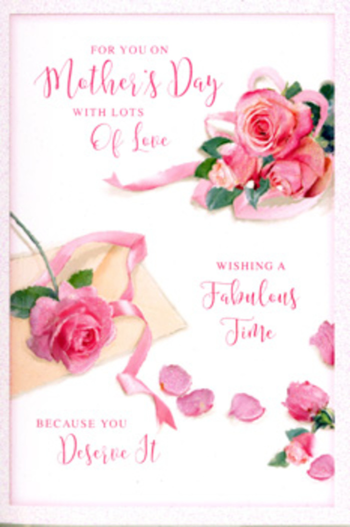 The image focuses on an elegant Mother's Day card whose design mirrors the artistry of a hand-tied rose bouquet, like one a Raynes Park family might order for a surprise doorstep delivery. Set against a soft, white backdrop, clusters of pink roses bloom across the card in varying shades-from the faintest blush at the outer petals to deeper, romantic rose tones at the heart of each flower. The petals are carefully illustrated, gently curled and slightly overlapping, suggesting the plush, velvety texture of freshly opened roses in a well-tended local garden near Wimbledon Chase. Around the main rose clusters, a sprinkling of loose petals drifts across the surface, placed as though they have just fallen naturally, creating a sense of movement and quietly joyful celebration. Threading through the arrangement is a pale, satin-like ribbon, its curves looping gracefully between blossoms, reminiscent of the finishing touch a florist adds when tying a bouquet for Mother's Day. The wording on the card is rendered in fluid, hand-lettered calligraphy, its soft curves and flowing lines echoing the delicate contours of the petals. The message feels warm and sincere, the type of sentiment chosen with care by someone who truly wants to honour their mum. Gentle, even lighting washes over the card, giving it a tranquil, golden tone, as if it were resting near a sunlit window overlooking a Raynes Park street lined with spring blooms. The overall impression is of quiet tenderness, capturing the feeling of gratitude, rest, and love, all expressed through roses and thoughtful design.