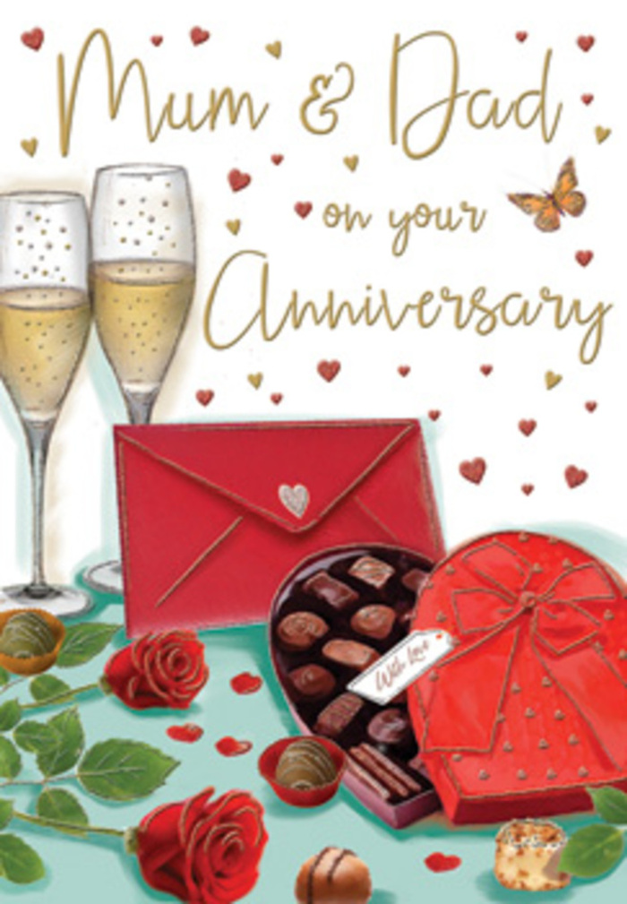 Luxurious anniversary card artwork featuring a romantic arrangement of champagne, chocolates, and roses, captured with the tenderness of a family celebration in Raynes Park. The eye is drawn first to a pair of champagne flutes that stand side by side in the upper part of the design, their clear glass rendered with soft reflections and pale gold liquid fizzing inside, as though just poured for a special toast. Beneath them, an open, heart-shaped chocolate box sits proudly on a smooth surface, its interior lined and filled with perfectly shaped chocolates, some round, some square, their shaded tops hinting at rich, indulgent centres. The box is crowned with a dramatic scarlet bow, its satin loops and trailing ends adding movement and theatre to the scene. To one side, two full-headed red roses lie gently on the table, their velvety petals painted in layers of crimson and burgundy tones, surrounded by fresh green leaves like a bouquet chosen from a trusted florist shop near Raynes Park station. Tiny gold and crimson hearts float through the background, their placement suggesting motion, like confetti drifting through the air after a toast in a Parkside townhouse. A bright red envelope with a neat, pointed flap nestles alongside the chocolates, evoking the promise of affectionate, handwritten words for Mum & Dad. The overall palette is warm and inviting, with deep reds, shimmering golds, and soft highlights that suggest lamplight in a cosy Raynes Park home, turning this card into a visual love letter that honours years of shared stories and gentle rituals.