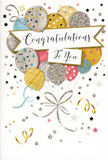 In this scene, a stylish congratulations card stands ready to accompany a celebratory bouquet, the design full of the same sense of occasion you might feel walking through Raynes Park after someone's big achievement. The card's artwork features a floating cluster of party balloons gathered like a cheerful bouquet, rendered in luminous tones of gold, silver, soft champagne, pastel blue, blush pink, and quiet grey. Each balloon is individually decorated: some have twinkling star patterns, others are wrapped in neat metallic stripes, and several are dusted with fine glitter that seems to sparkle as it catches imaginary light. Their slim, curling ribbons, drawn in shimmering gold and silver lines, trail downward in an elegant tangle that meets near the bottom, creating a graceful focal point. Around the balloons, little stars, dots of confetti, and curling swirls drift across a pale background, suggesting the carefree joy of a celebration at home near Raynes Park station or a cosy gathering close to the local parks. A curved banner, soft yet prominent, stretches across the middle of the composition, bearing the phrase Congratulations To You in refined, flowing script that feels warm, sincere, and slightly formal, as though chosen for a special milestone. The overall look is both festive and polished, with the colour palette and metallic details giving the design a gentle, glamorous glow rather than loud, brash colour. It's easy to imagine this card being selected alongside a hand-crafted bouquet from a local florist, then delivered across Raynes Park for a graduation, promotion, or any moment of well-deserved pride, its illustrated balloons acting like a joyful echo of the flowers themselves.