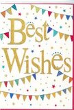 The design of this congratulations card radiates joyful energy, balanced with a touch of refined elegance that would feel right at home on a mantelpiece in Raynes Park. At its heart, against a pristine white background, the words Best Wishes sweep across the card in bold, glittering gold script. The lettering is slightly raised, catching and reflecting light in a way that makes each curve glisten, like evening sun flashing off passing trains near Raynes Park station. This rich golden tone sets a warm, celebratory mood from the first glance. Encircling the central message, strands of colourful bunting flow in graceful curves above and below, forming a loose frame. Each tiny triangular pennant is painted in bright, saturated colours-sky blue, crimson, grassy green, lemon yellow, and deep purple-with some featuring playful stripes, dots, or small decorative motifs that lend a handmade, festive charm. These banners feel like they're gently swaying, as though strung between trees in a garden just off Approach Road for a summer gathering. Dotted around the text and bunting are scatterings of minute stars and confetti-like circles, in both metallic and matte tones, suggesting the joyful chaos of celebration captured mid-air. The composition remains clean and uncluttered despite its liveliness, giving the gold lettering room to breathe. Ideal for marking a promotion, a new home, an engagement, or exam success, the card feels like an enthusiastic cheer in printed form. Paired with a fresh bouquet delivered locally, it becomes a thoughtful keepsake of that happy moment, expressing genuine support, pride, and encouragement.