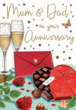 Detailed anniversary card illustration showing a romantic tabletop scene, reminiscent of a heartfelt celebration in a Raynes Park home. At the centre, two tall champagne flutes rise gracefully, filled with softly glowing golden fizz, each tiny bubble captured mid-ascent as if frozen in the moment just before a toast. In front of the glasses, an open heart-shaped box brims with neatly arranged chocolates, their rounded tops and subtle shading hinting at silky ganache and praline, while a lush red satin bow cascades dramatically over the lid. To the side, a pair of red roses rest on the tabletop, their petals velvety and full, layered in rich crimson tones with deep green leaves fanning around them, echoing the kind of handpicked stems you might find from a local Raynes Park florist. Scattered around the composition are gold and ruby hearts, some shimmering, some softly outlined, dancing through the background like affectionate thoughts. The phrase Mum & Dad appears in elegant, hand-lettered script, anchoring the illustration in family love and long-lasting partnership. A scarlet envelope, its flap neatly closed, lies close to the chocolates, evoking the idea of a tender note penned after a stroll through nearby Wimbledon or along the quiet streets off Bushey Road. The lighting feels warm and intimate, with gentle highlights on glass and ribbon, creating an impression of a cherished evening at home. The overall effect is a rich, indulgent tribute to enduring love, visually conveying gratitude, celebration, and the sweet comfort of shared years.